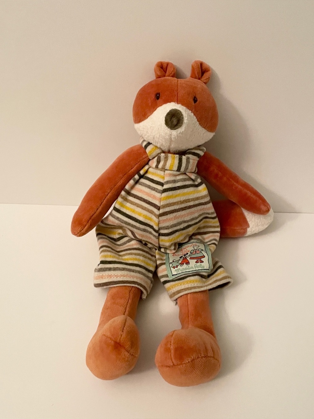 Moulin Roty La Grande Famille Gaspard Fox Plush Striped Overalls Stuffed Toy
